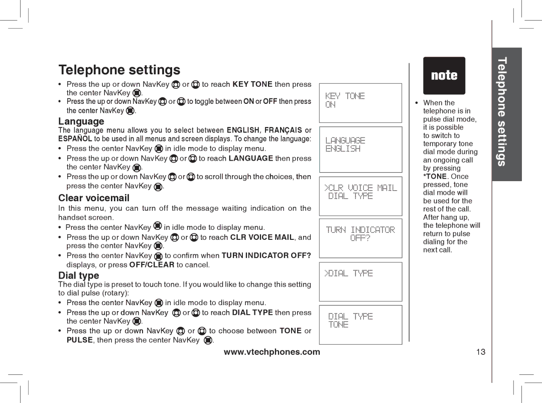 VTech I6788, I6778 important safety instructions Language, Clear voicemail, Dial type, Press the up or down NavKey 