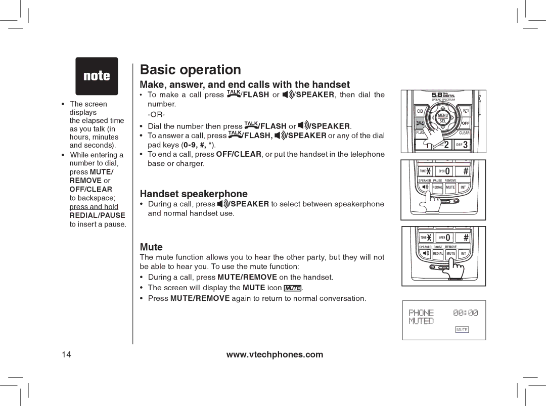 VTech I6778, I6788 Basic operation, Make, answer, and end calls with the handset, Handset speakerphone, Mute 