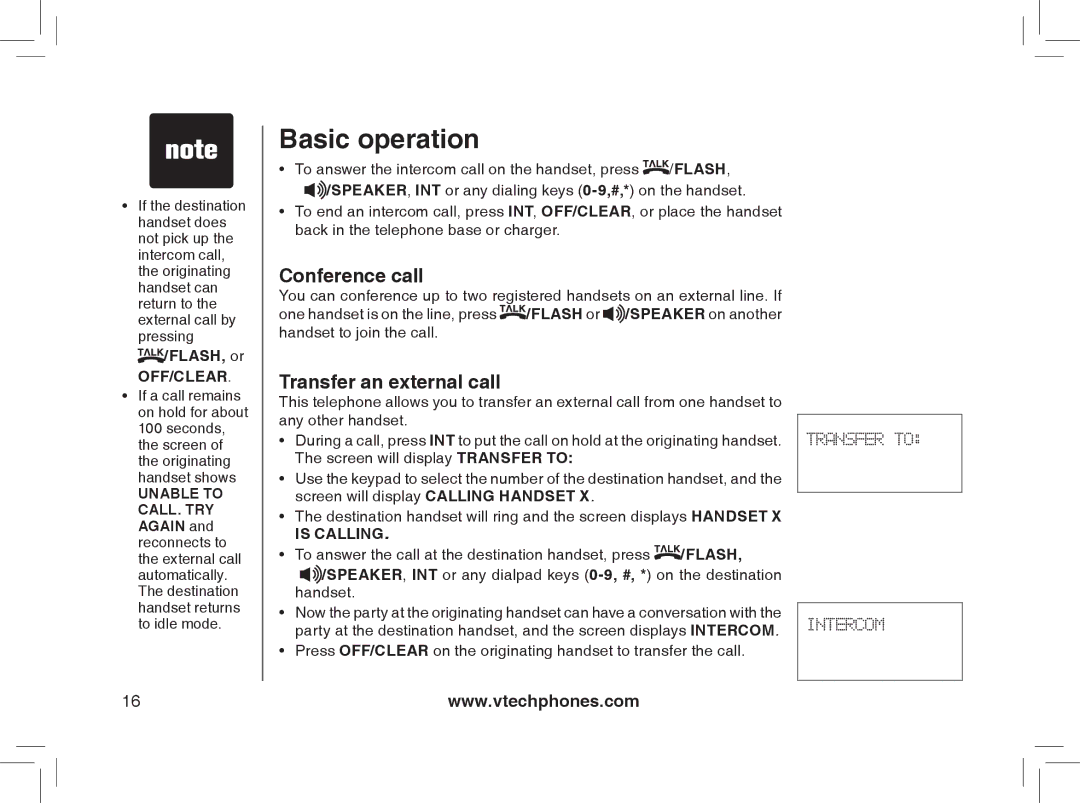 VTech I6778, I6788 important safety instructions Conference call, Transfer an external call, FLASH, or OFF/CLEAR 