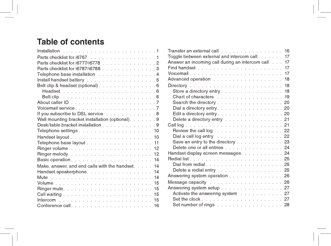 VTech I6788, I6778 important safety instructions Table of contents 