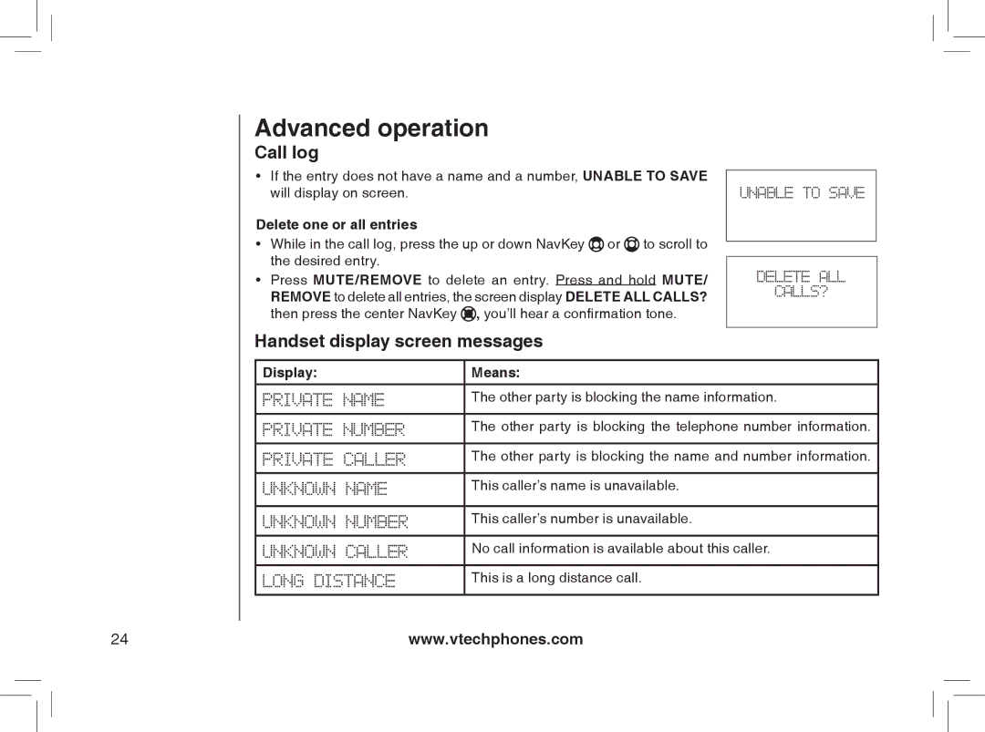 VTech I6778, I6788 important safety instructions Handset display screen messages, Delete one or all entries, Display Means 