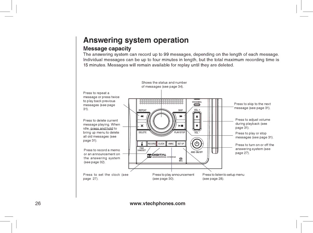 VTech I6778, I6788 important safety instructions Answering system operation, Message capacity 