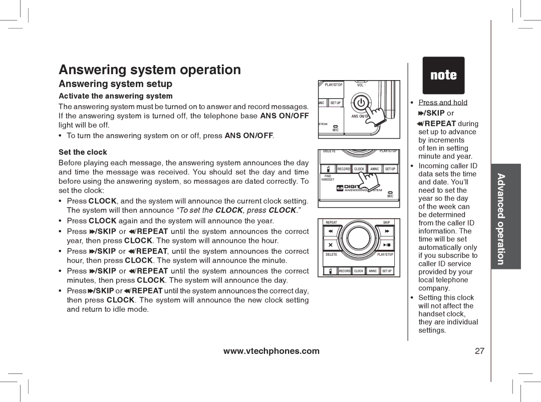 VTech I6788, I6778 important safety instructions Answering system setup, Activate the answering system, Set the clock 