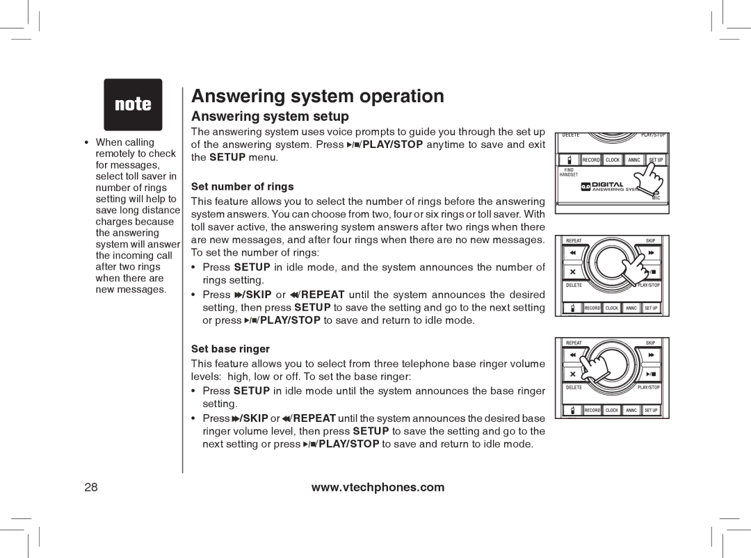 VTech I6778, I6788 important safety instructions Set number of rings, Set base ringer 