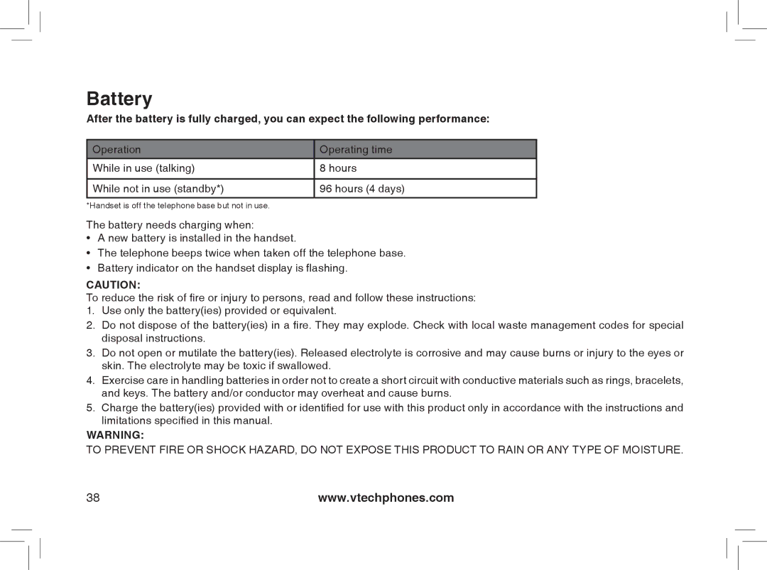 VTech I6778, I6788 important safety instructions Battery 