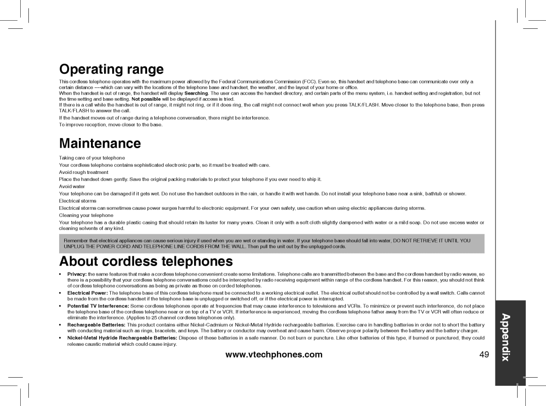 VTech I6788, I6778 important safety instructions Operating range, Maintenance, About cordless telephones 