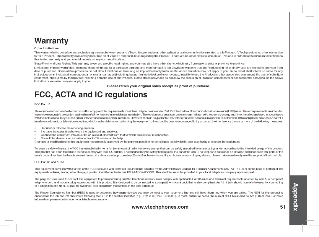 VTech I6788, I6778 important safety instructions FCC, Acta and IC regulations, Other Limitations 