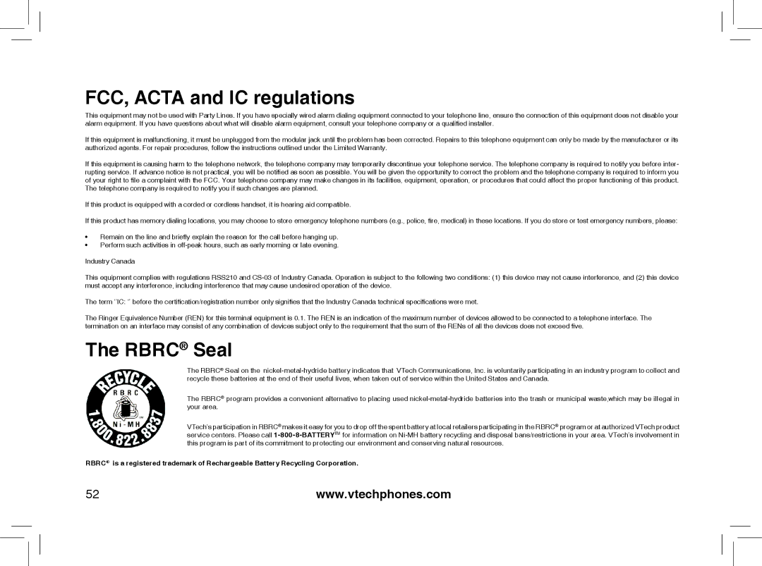 VTech I6778, I6788 important safety instructions Rbrc Seal 