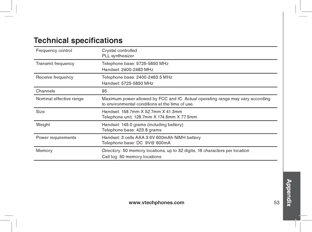 VTech I6788, I6778 important safety instructions Technical specifications 