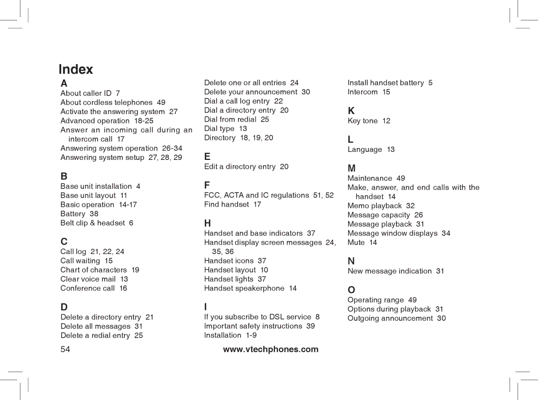 VTech I6778, I6788 important safety instructions Index 