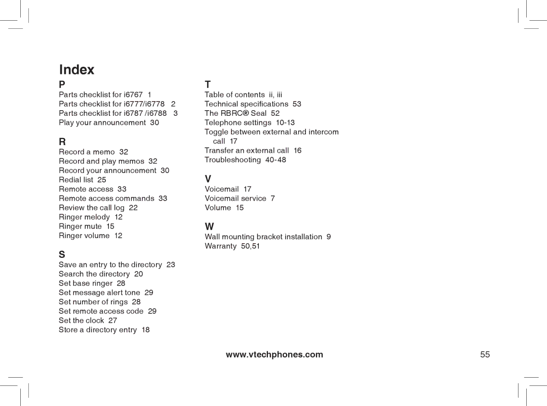 VTech I6788, I6778 important safety instructions Index 