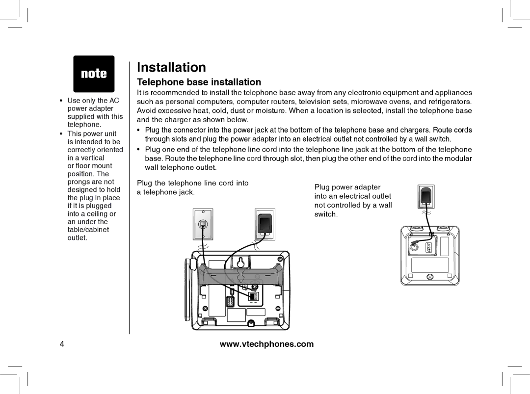 VTech I6778, I6788 important safety instructions Telephone base installation 