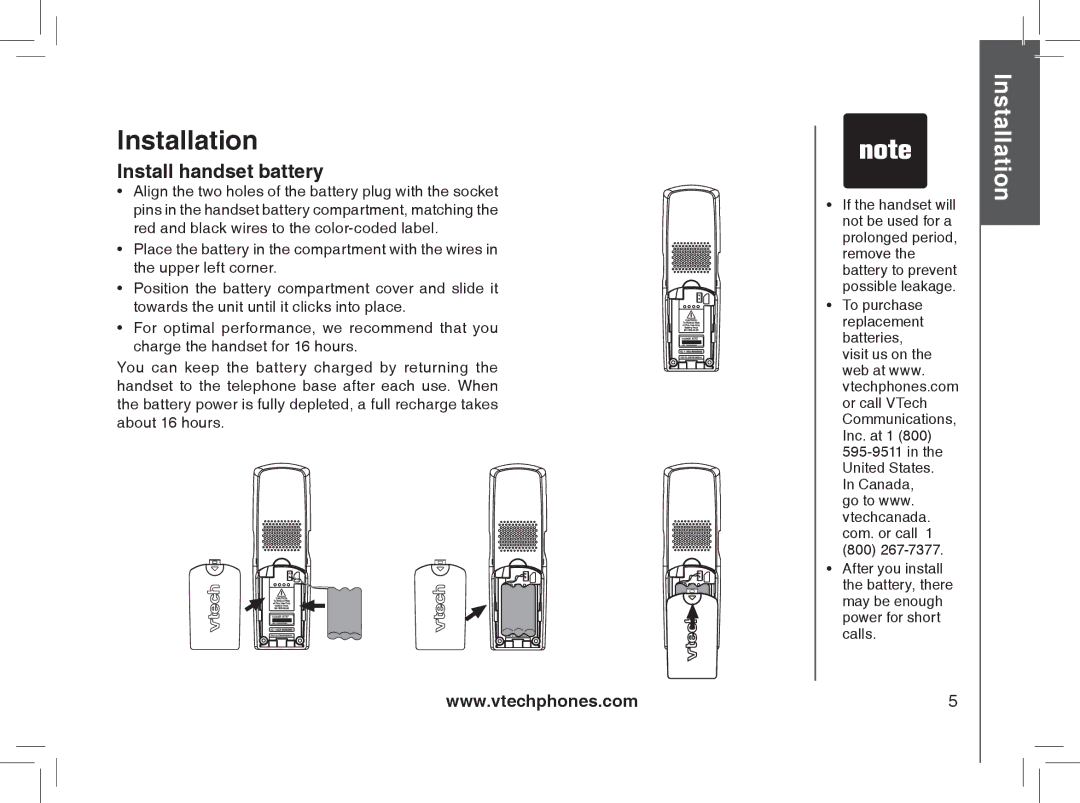 VTech I6788, I6778 important safety instructions Install handset battery 