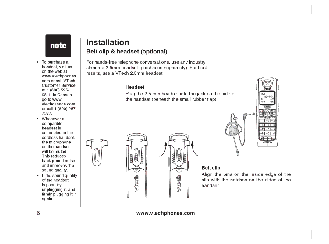 VTech I6778, I6788 important safety instructions Belt clip & headset optional, Headset 