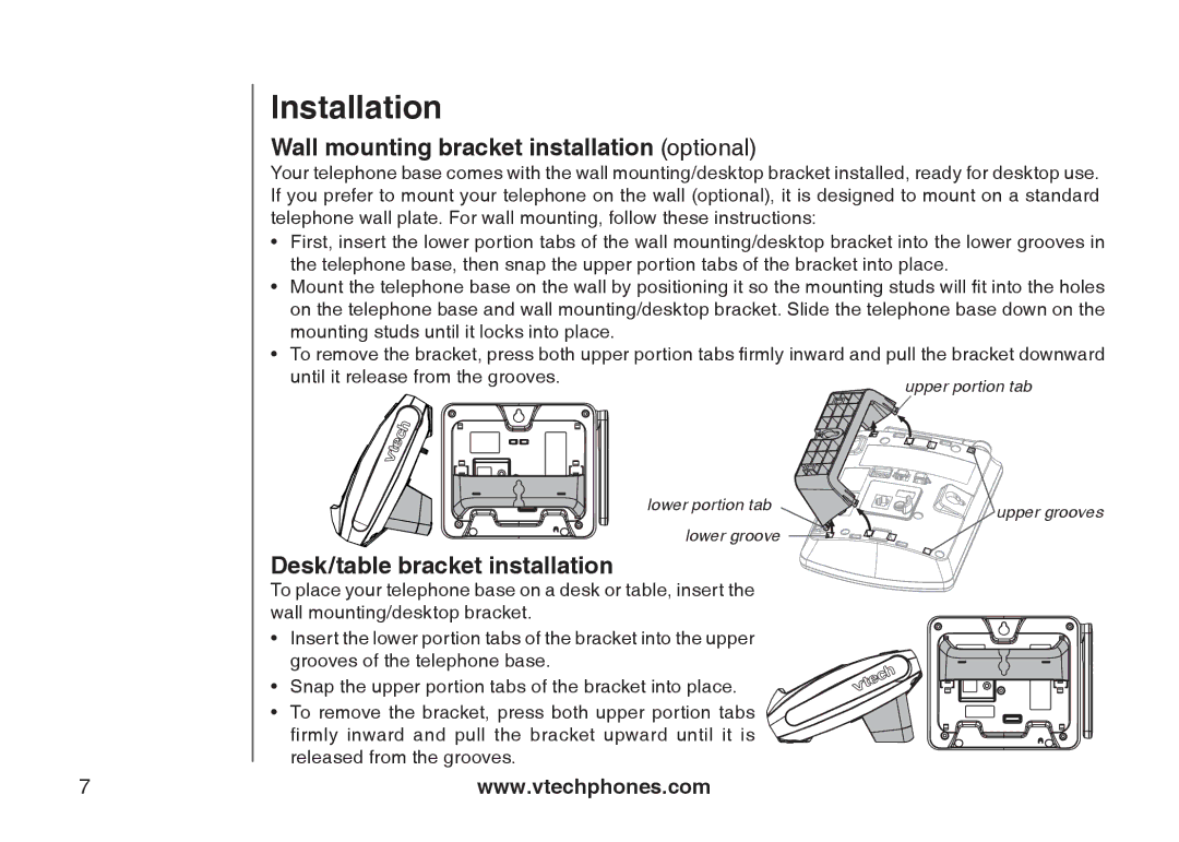 VTech i6790, i6789 Wall mounting bracket installation optional, Desk/table bracket installation 