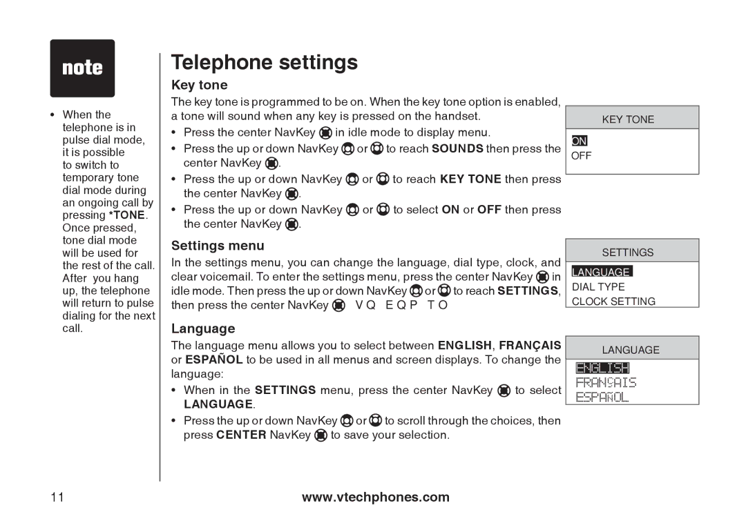 VTech i6790, i6789 important safety instructions Key tone, Settings menu, Language 