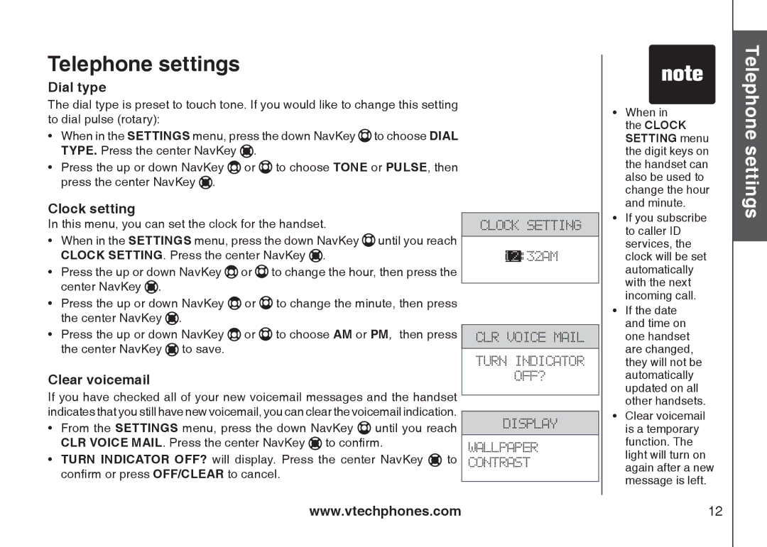 VTech i6789, i6790 important safety instructions Dial type, Clock setting, Clear voicemail 