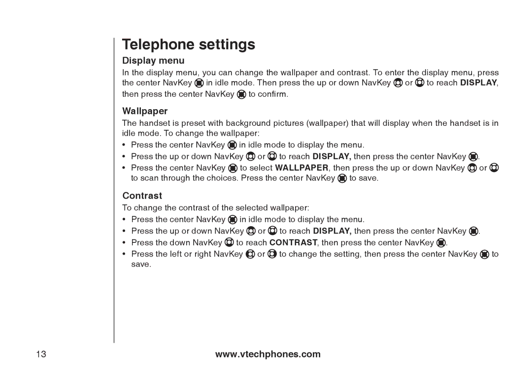 VTech i6790, i6789 important safety instructions Display menu, Wallpaper, Contrast 