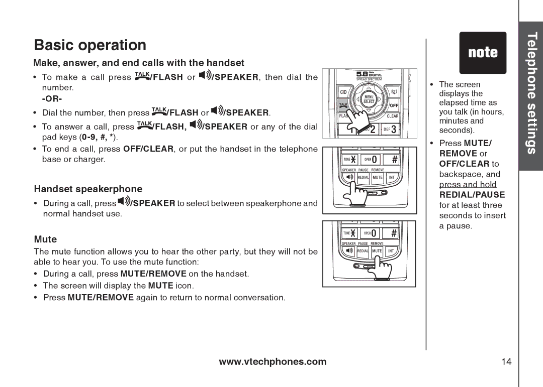 VTech i6789, i6790 Basic operation, Make, answer, and end calls with the handset, Handset speakerphone, Mute 