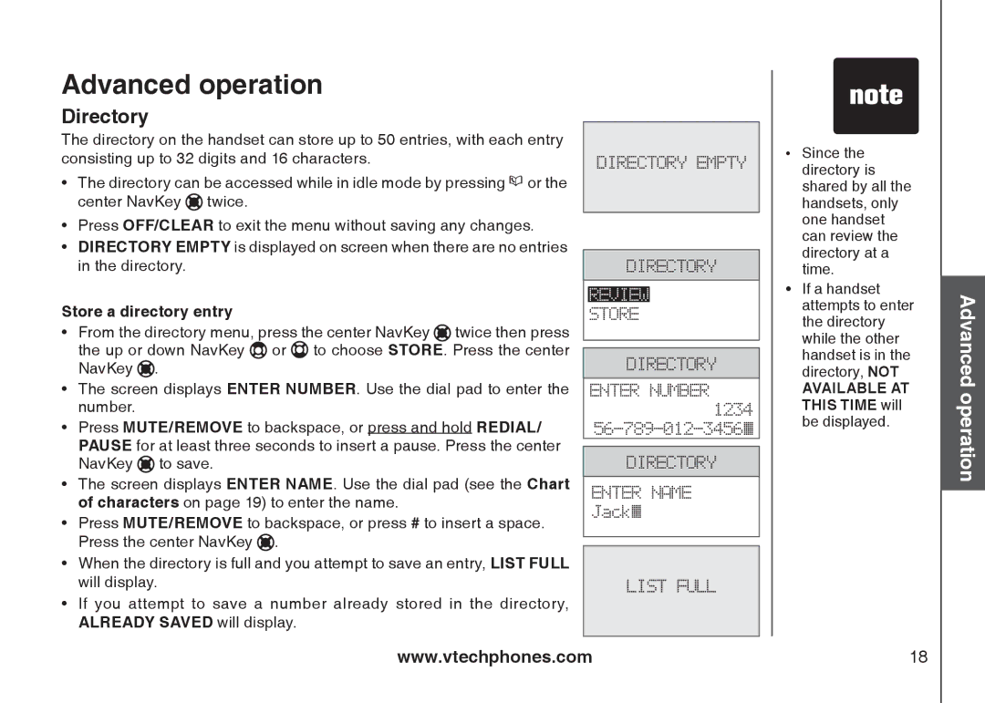 VTech i6789, i6790 important safety instructions Advanced operation, Directory, Store a directory entry 