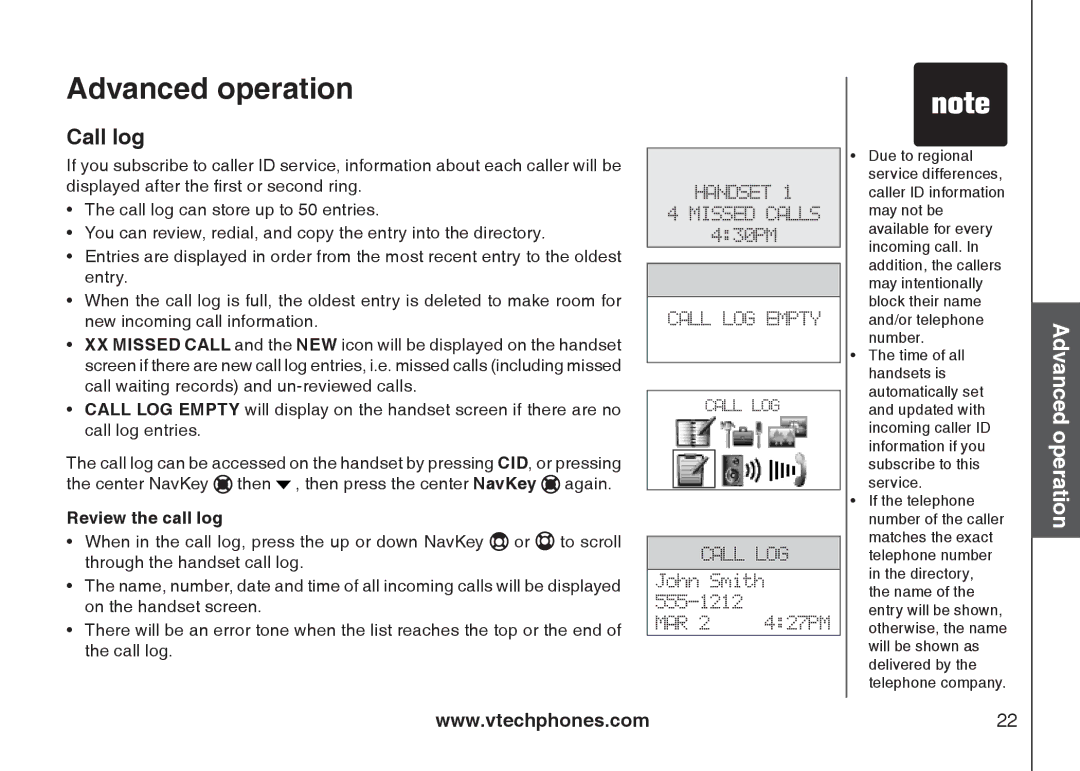 VTech i6789, i6790 important safety instructions Call log, Review the call log 