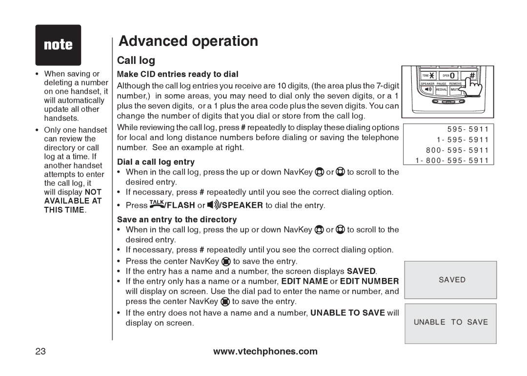 VTech i6790, i6789 Make CID entries ready to dial, Dial a call log entry, Save an entry to the directory 