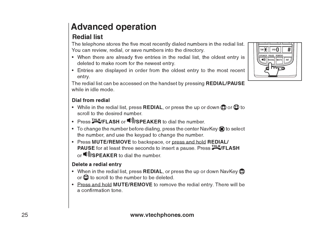 VTech i6790, i6789 important safety instructions Redial list, Dial from redial, Delete a redial entry 