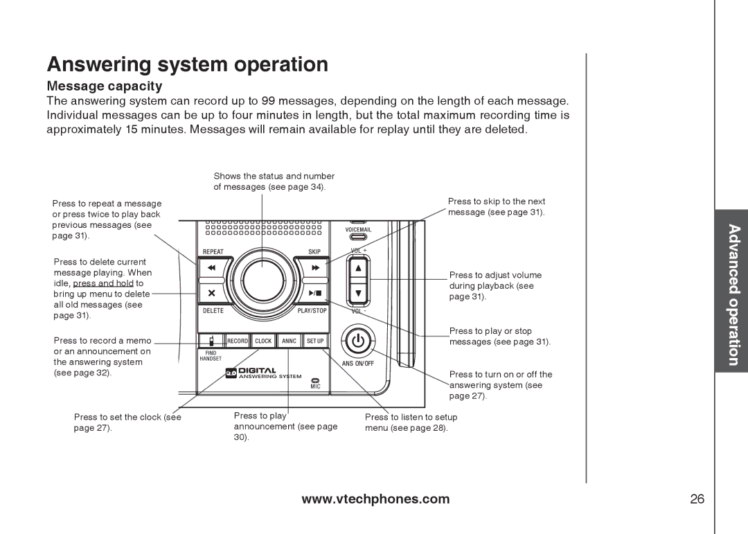 VTech i6789, i6790 important safety instructions Answering system operation, Message capacity 