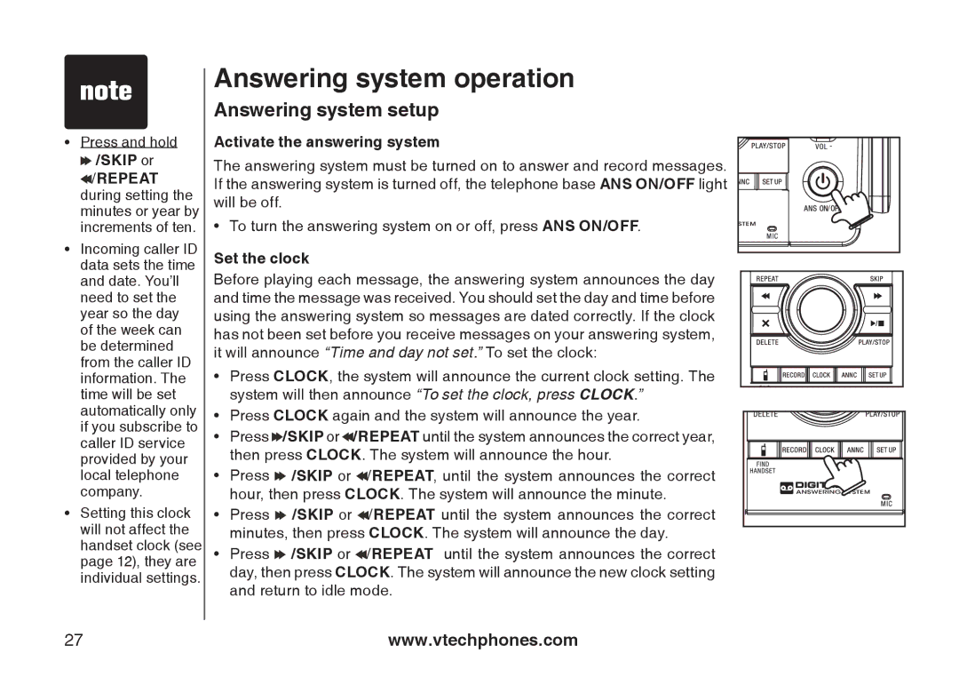 VTech i6790, i6789 important safety instructions Answering system setup, Activate the answering system, Set the clock 