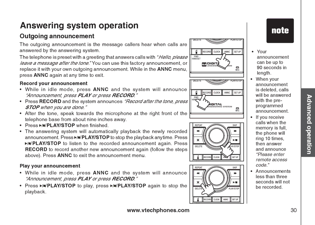 VTech i6789, i6790 important safety instructions Outgoing announcement, Record your announcement, Play your announcement 