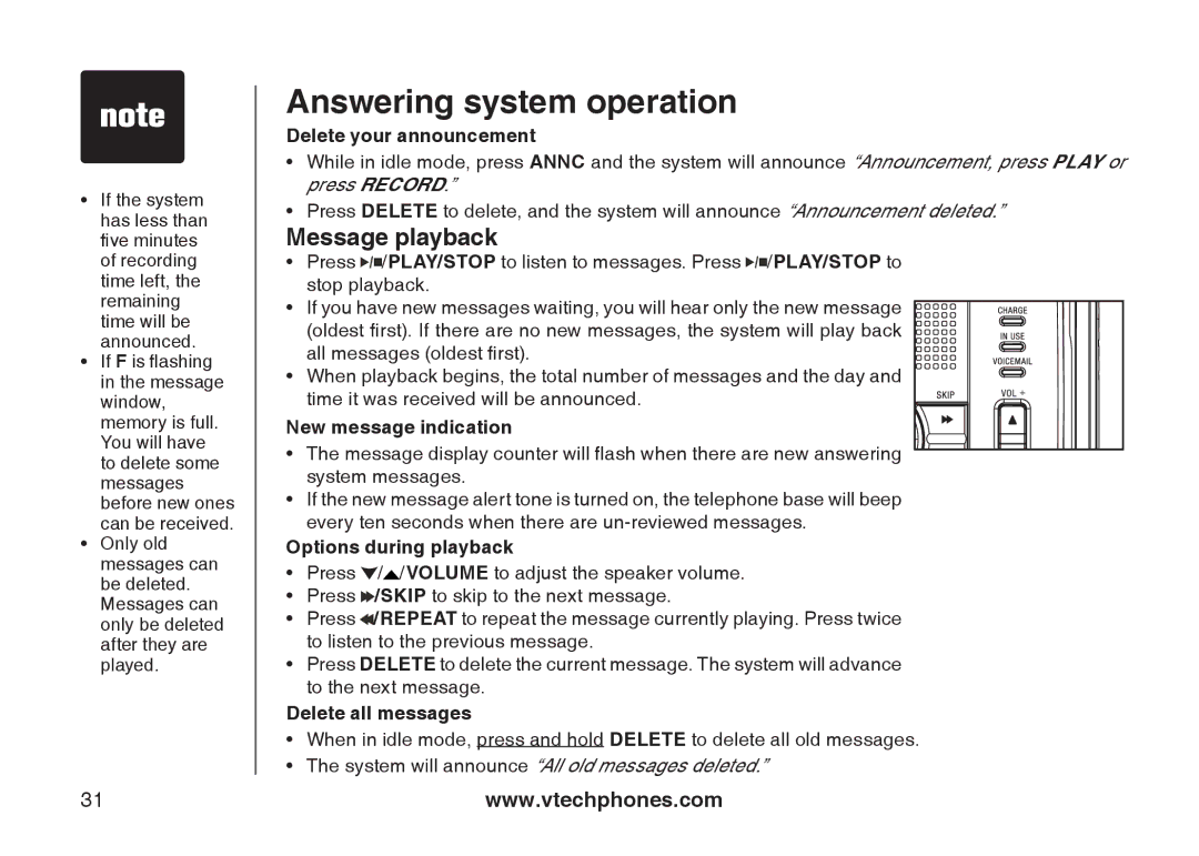 VTech i6790, i6789 Message playback, Delete your announcement, New message indication, Options during playback 