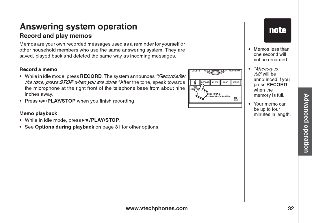 VTech i6789, i6790 important safety instructions Record and play memos, Record a memo, Memo playback 