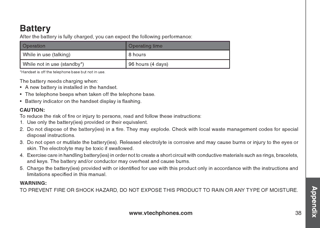 VTech i6789, i6790 important safety instructions Battery 