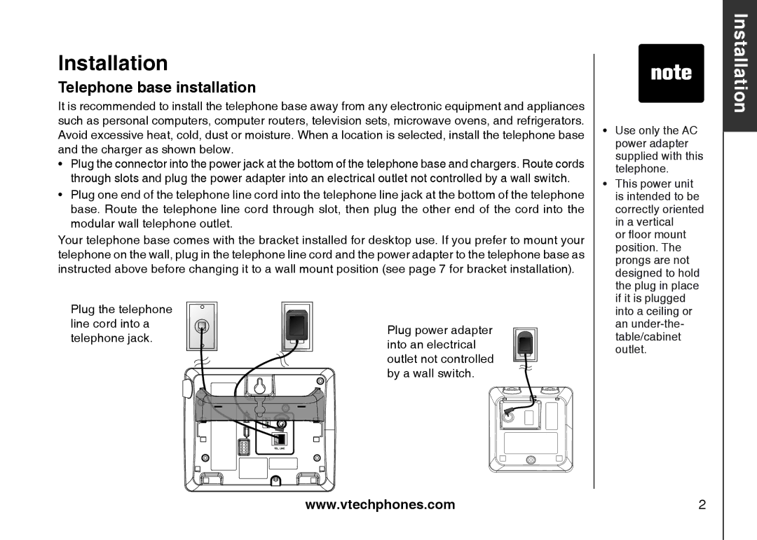 VTech i6789, i6790 important safety instructions Installation, Telephone base installation 