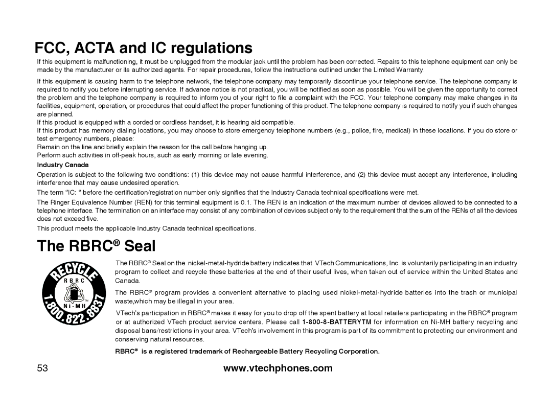 VTech i6790, i6789 important safety instructions Rbrc Seal, Industry Canada 