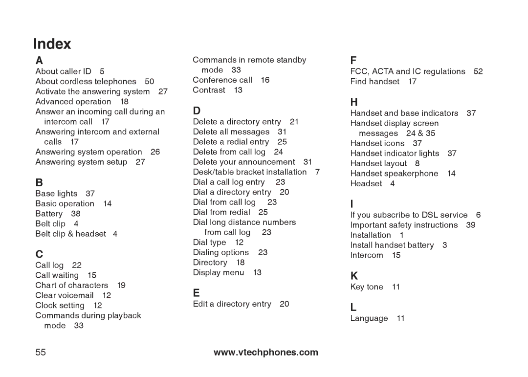 VTech i6790, i6789 important safety instructions Index 