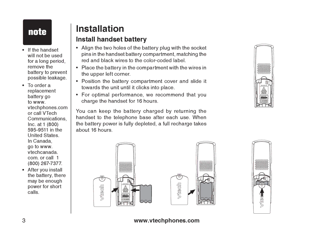 VTech i6790, i6789 important safety instructions Install handset battery 