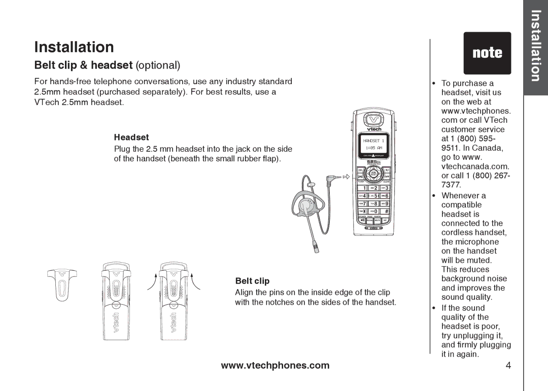 VTech i6789, i6790 important safety instructions Belt clip & headset optional, Headset 