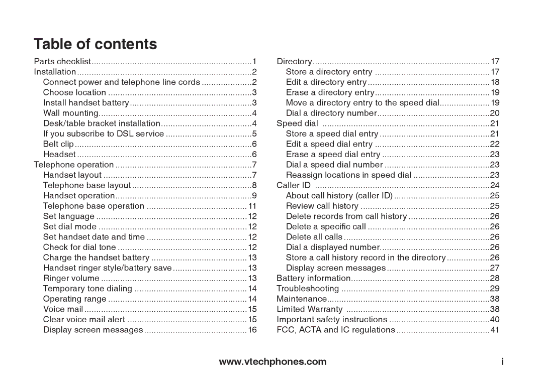 VTech IA5824 warranty Table of contents 