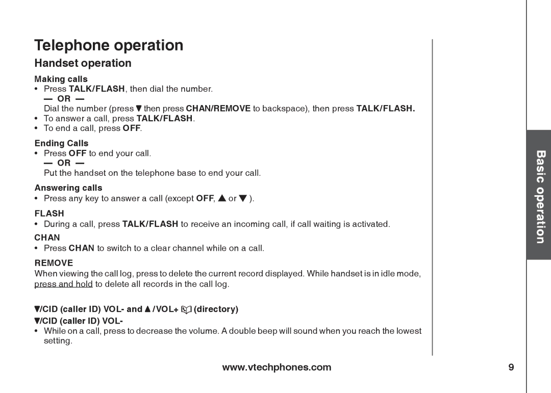 VTech IA5824 Handset operation, Making calls, Ending Calls, Answering calls, CID caller ID VOL- and /VOL+ directory 