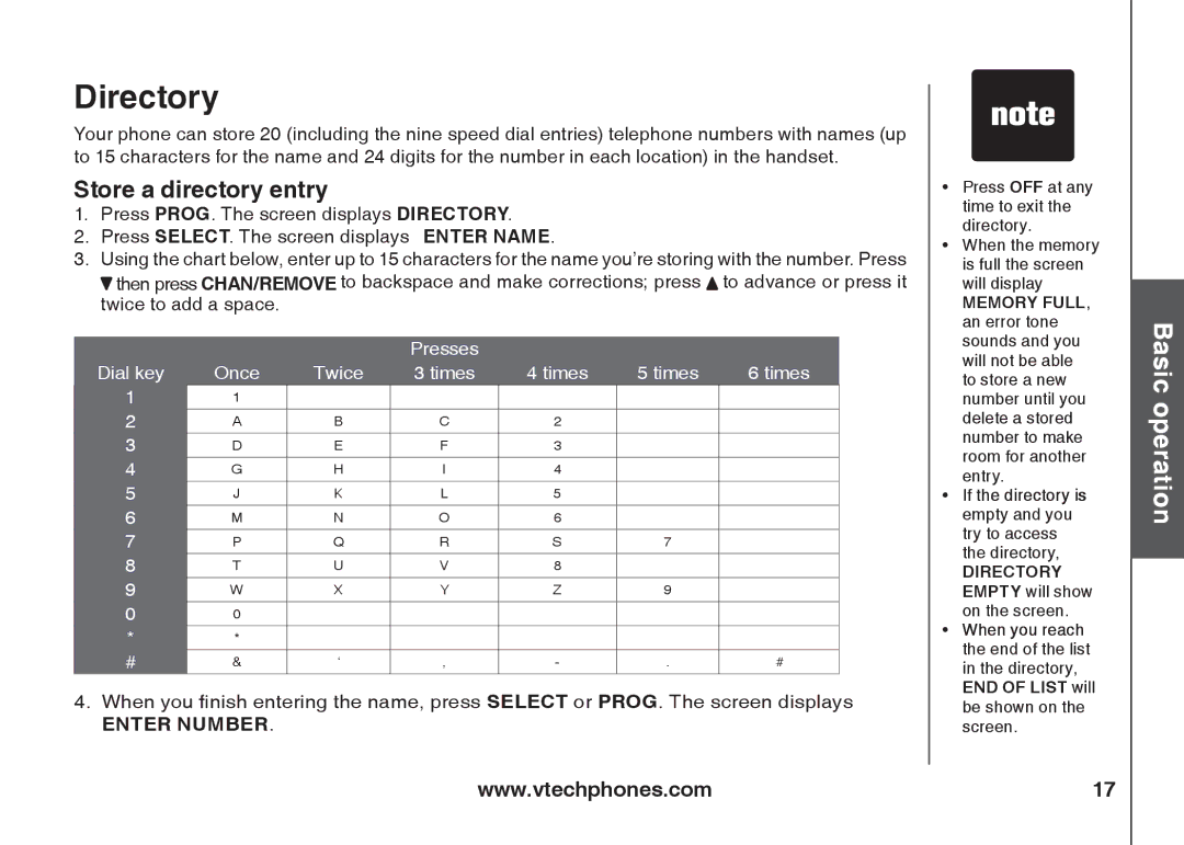 VTech IA5824 warranty Directory, Store a directory entry 