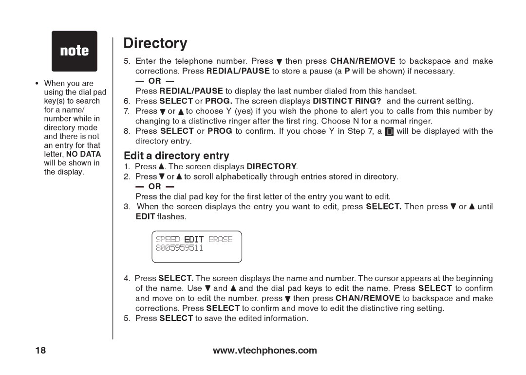 VTech IA5824 warranty Edit a directory entry, Press Select to save the edited information 