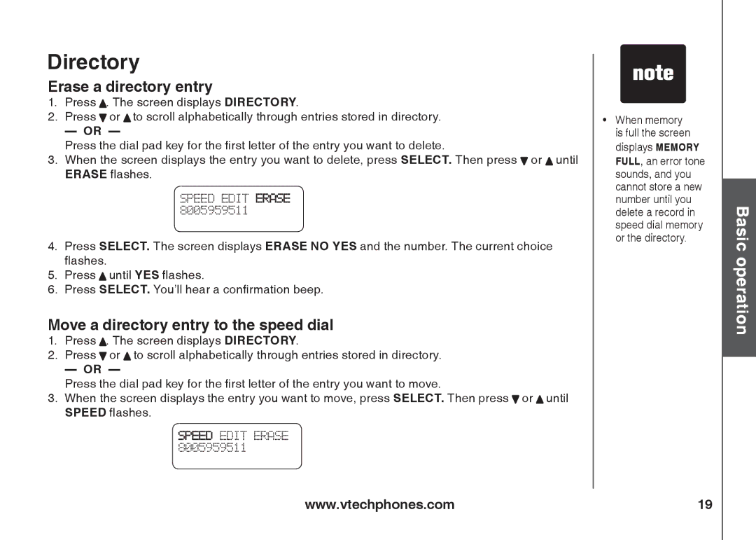 VTech IA5824 warranty Erase a directory entry, Move a directory entry to the speed dial 