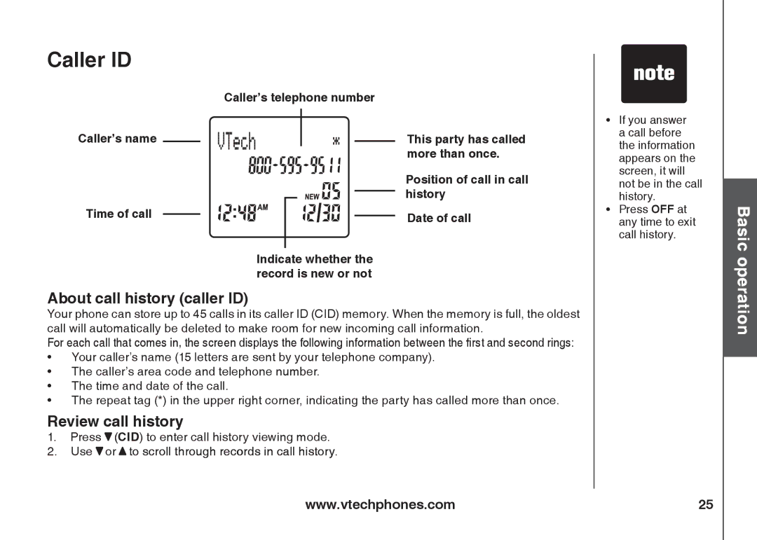 VTech IA5824 About call history caller ID, Review call history, Caller’s telephone number Caller’s name Time of call 