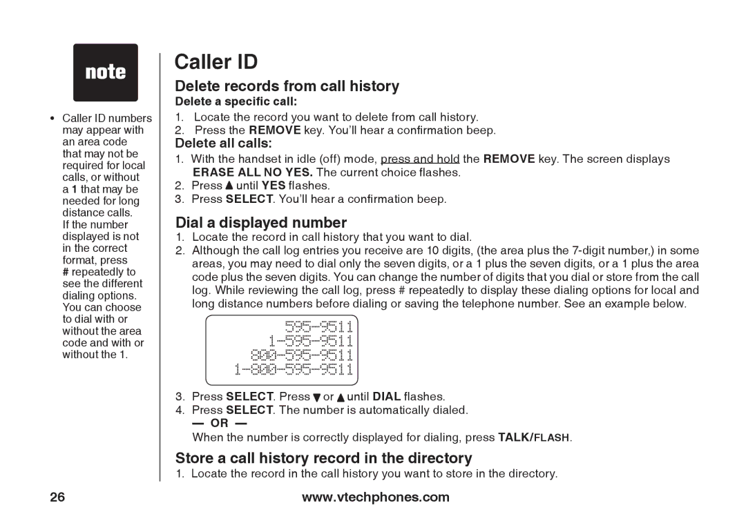 VTech IA5824 Delete records from call history, Dial a displayed number, Store a call history record in the directory 