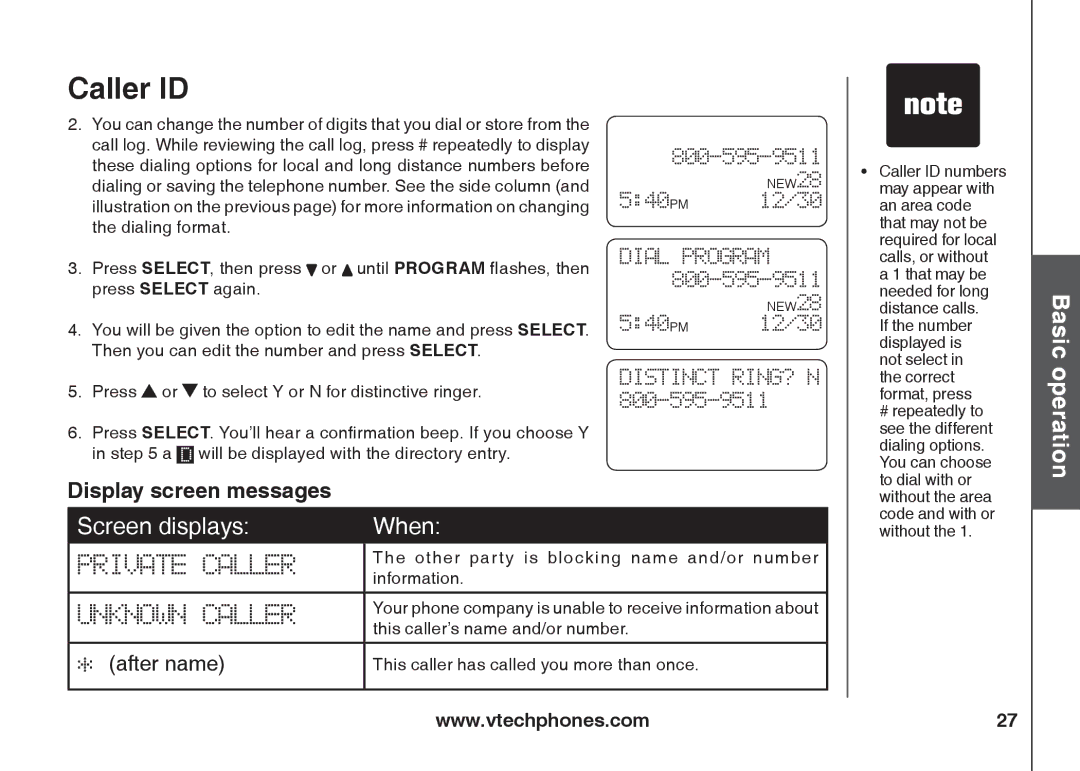 VTech IA5824 540PM12/30 Dial Program, 540PM12/30 Distinct RING? N, Other party is blocking name and/or number, Information 