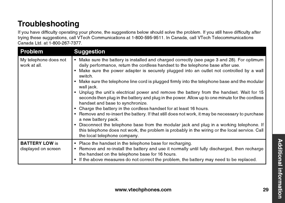 VTech IA5824 warranty Troubleshooting, Battery LOW is 