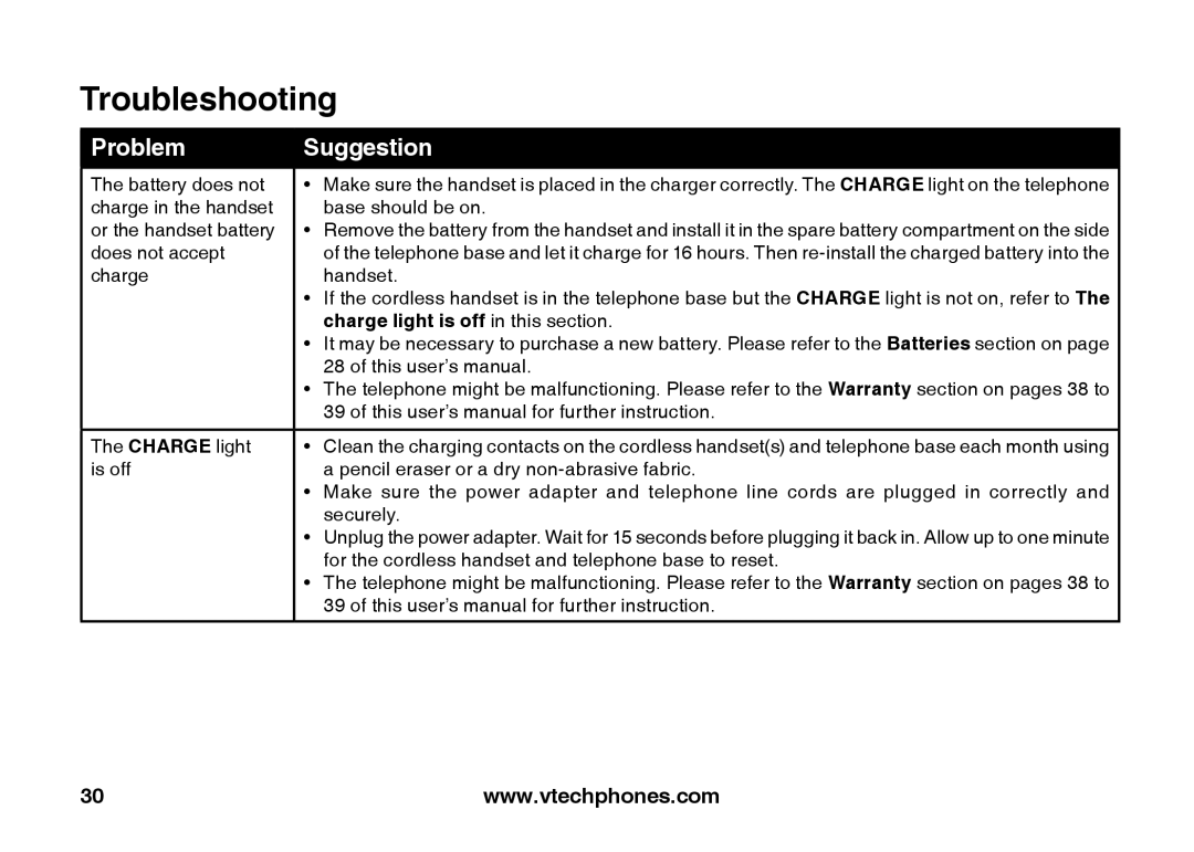 VTech IA5824 warranty Charge light is off in this section, This user’s manual for further instruction 