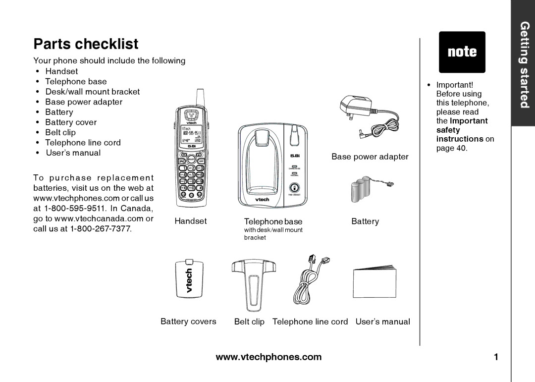 VTech IA5824 warranty Parts checklist, Belt clip Telephone line cord User’s manual 