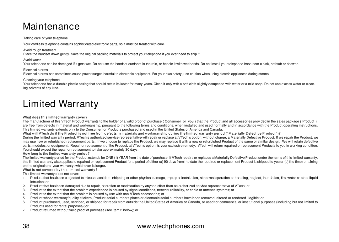 VTech IA5824 warranty Maintenance, Limited Warranty 